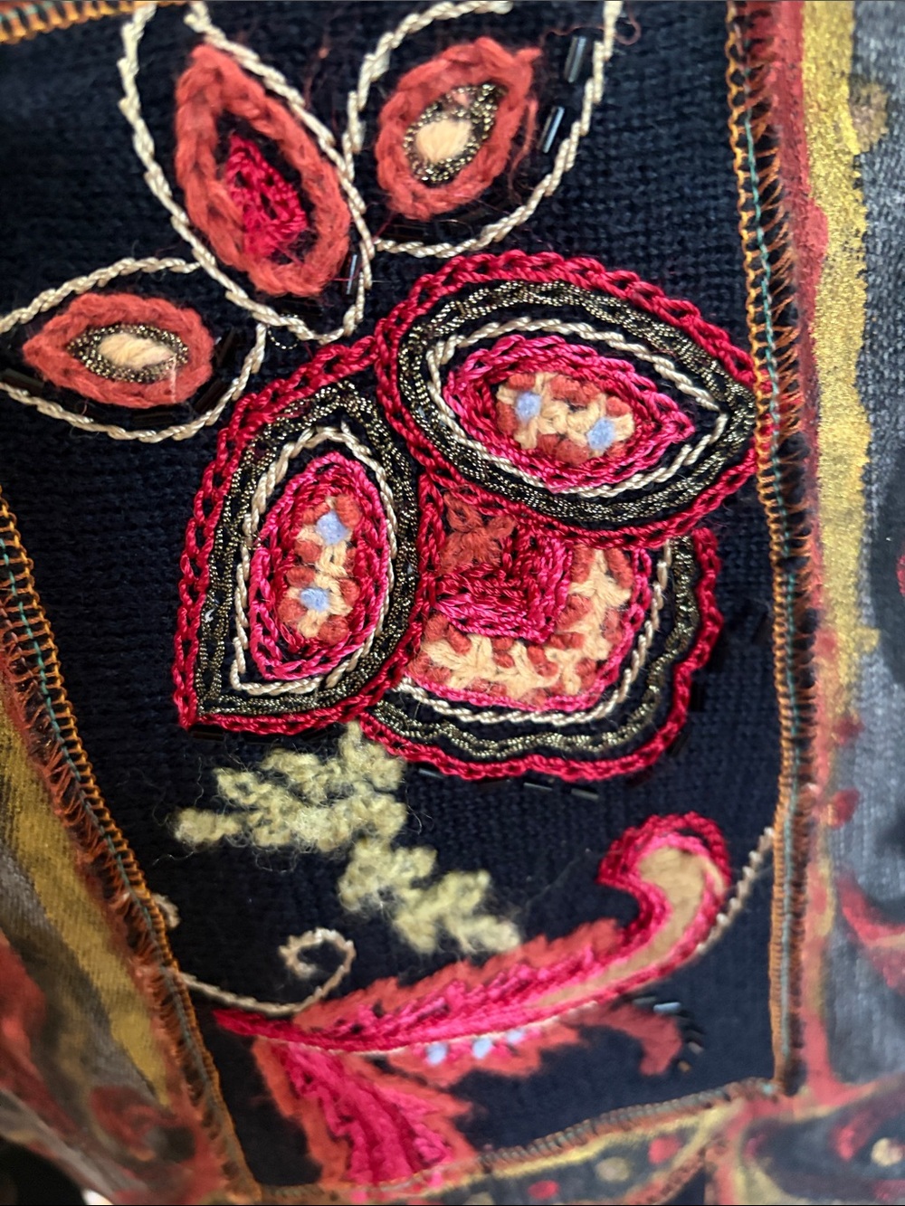 Women's Black Washed Denim Jacket with Red & Gold Embroidered Accents - Picture 3 of 6